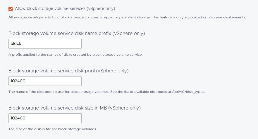 Tanzu Operations Manager EAR tile: block storage volume service section showing the checkbox, disk-name prefix, disk pool, and disk size fields