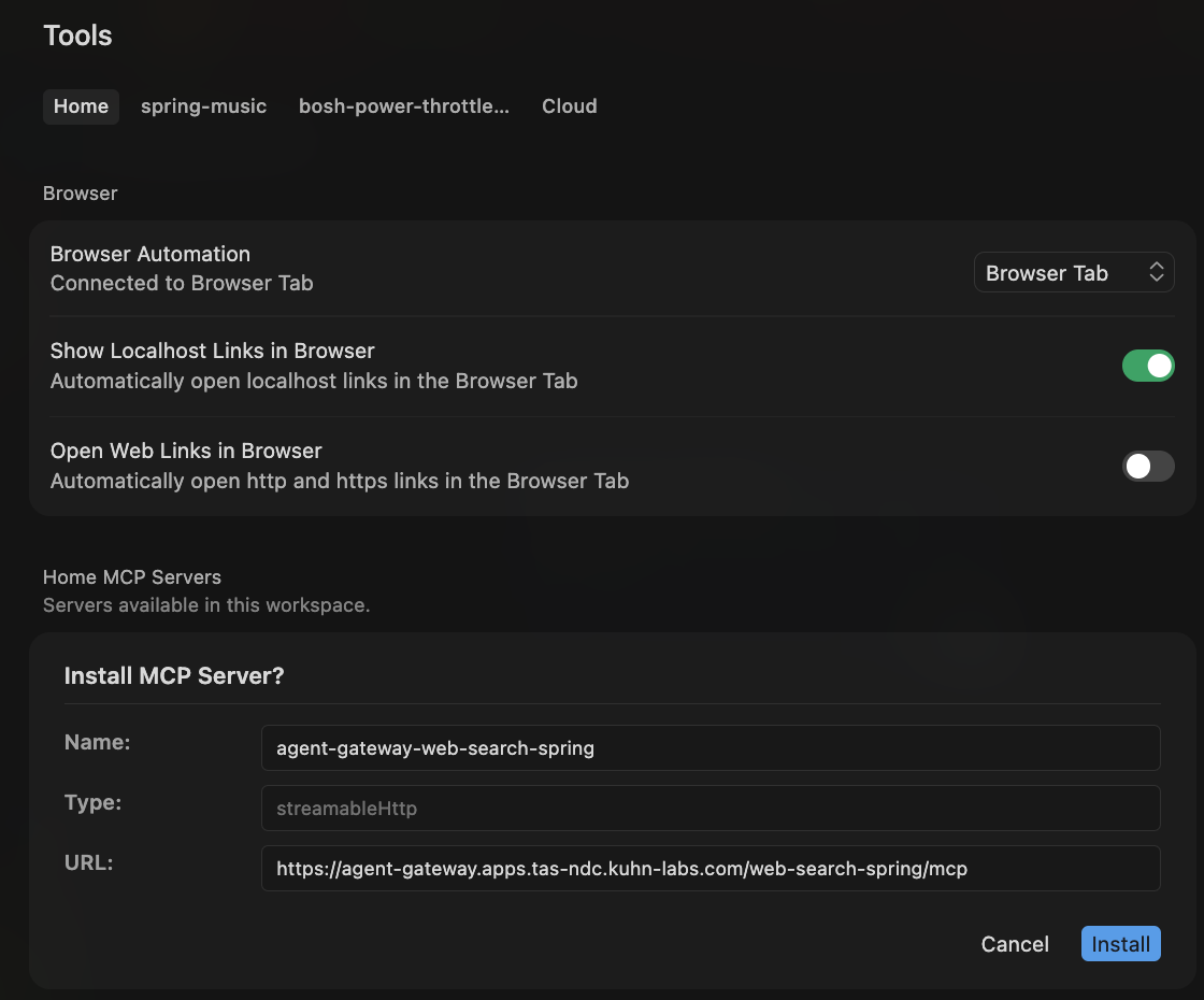 Cursor MCP install dialog prefilled with the web-search-spring gateway URL