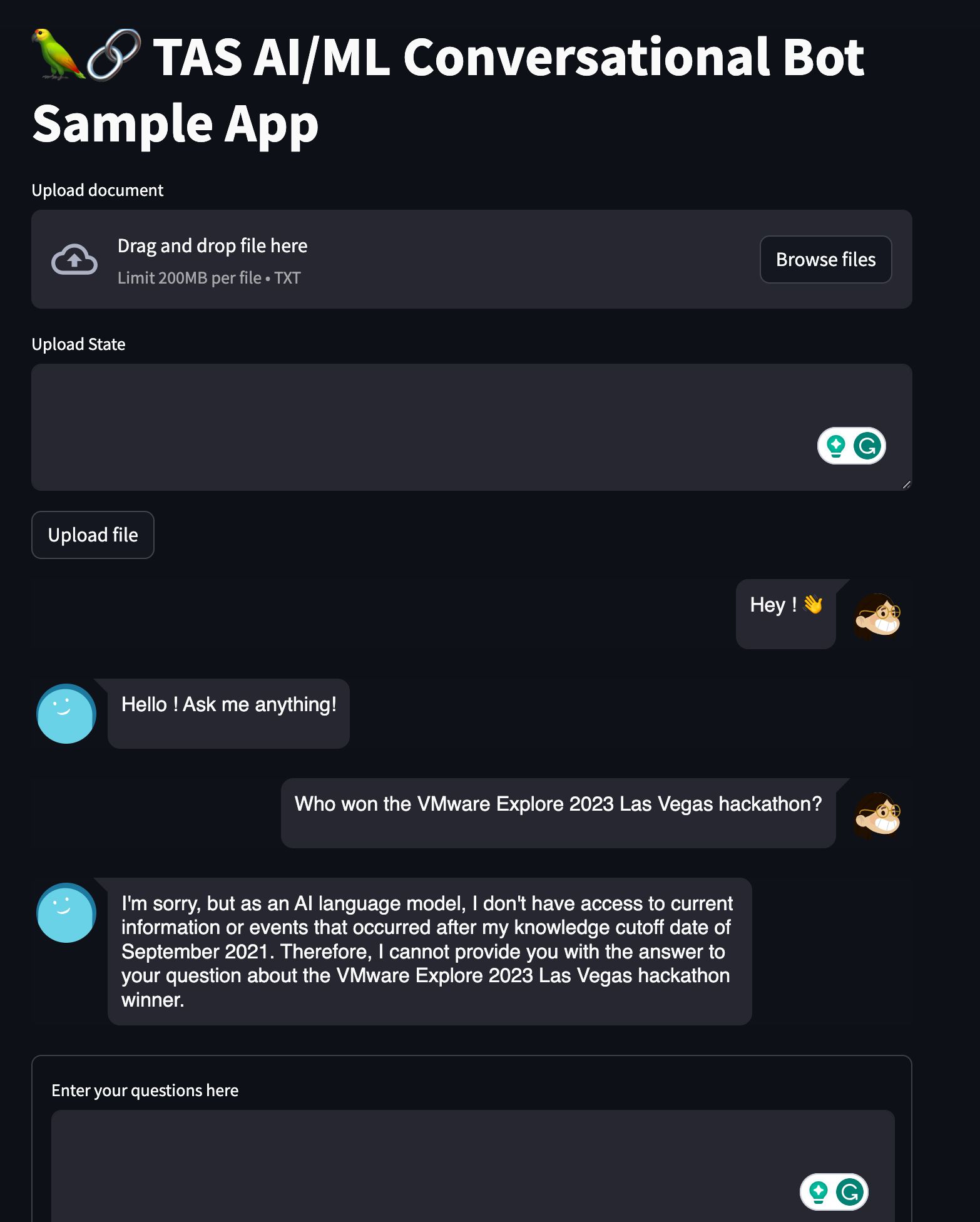 Ask the app running on TAS a question outside the model's knowledge