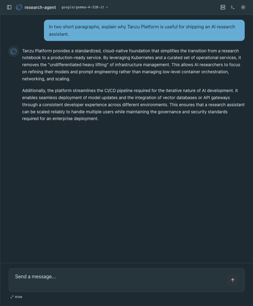 The Tanzu research agent answering a question about shipping an AI research assistant on Tanzu Platform