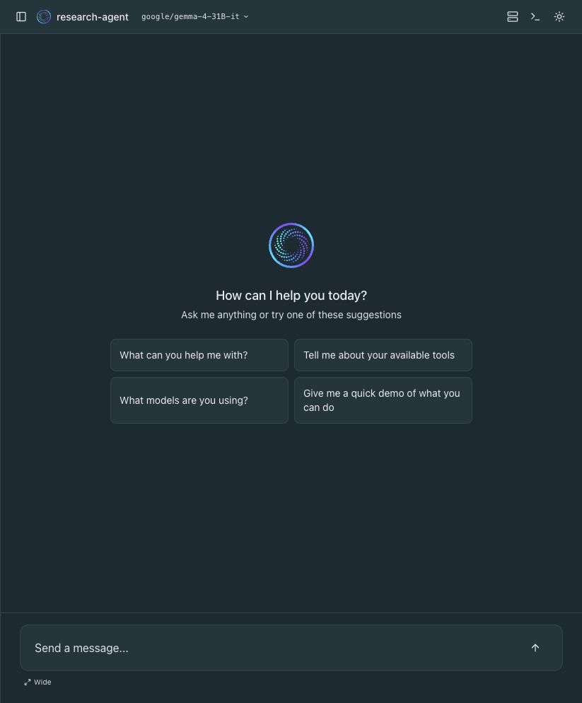 The Tanzu agent chat UI showing research-agent with google/gemma-4-31B-it selected in the header