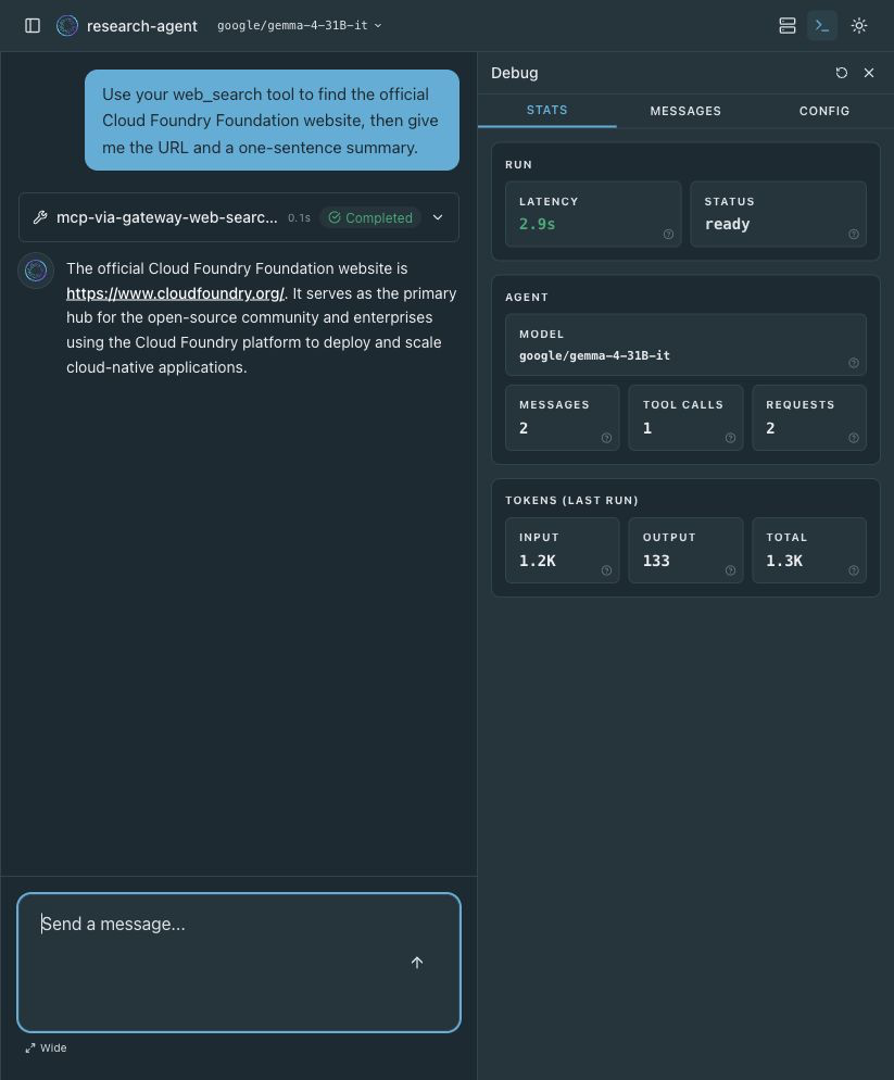 The Tanzu research agent answering with a Cloud Foundry URL while the debug panel shows one completed MCP tool call