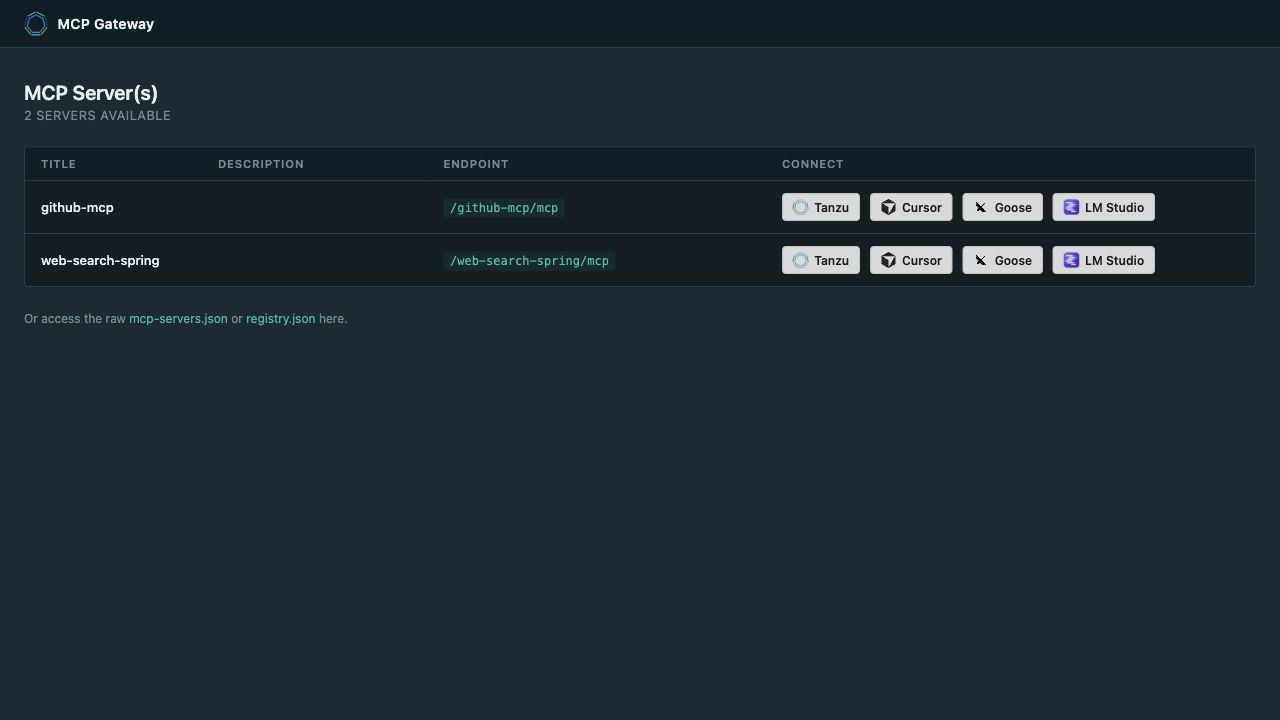 Tanzu MCP Gateway portal listing github-mcp and web-search-spring with client connection buttons